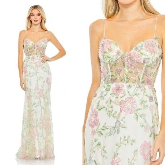 NWT Mac Duggal 2 Sequined Floral Corseted Sheer Sweetheart Long Cream Gown 68180 - Picture 2 of 8